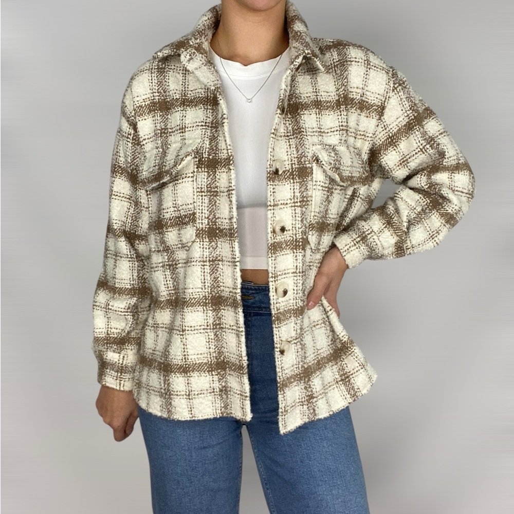 12TH TRIBE Beige Plaid Textured Collared Button Down Trench Jacket Coat Sz S - Picture 2 of 6